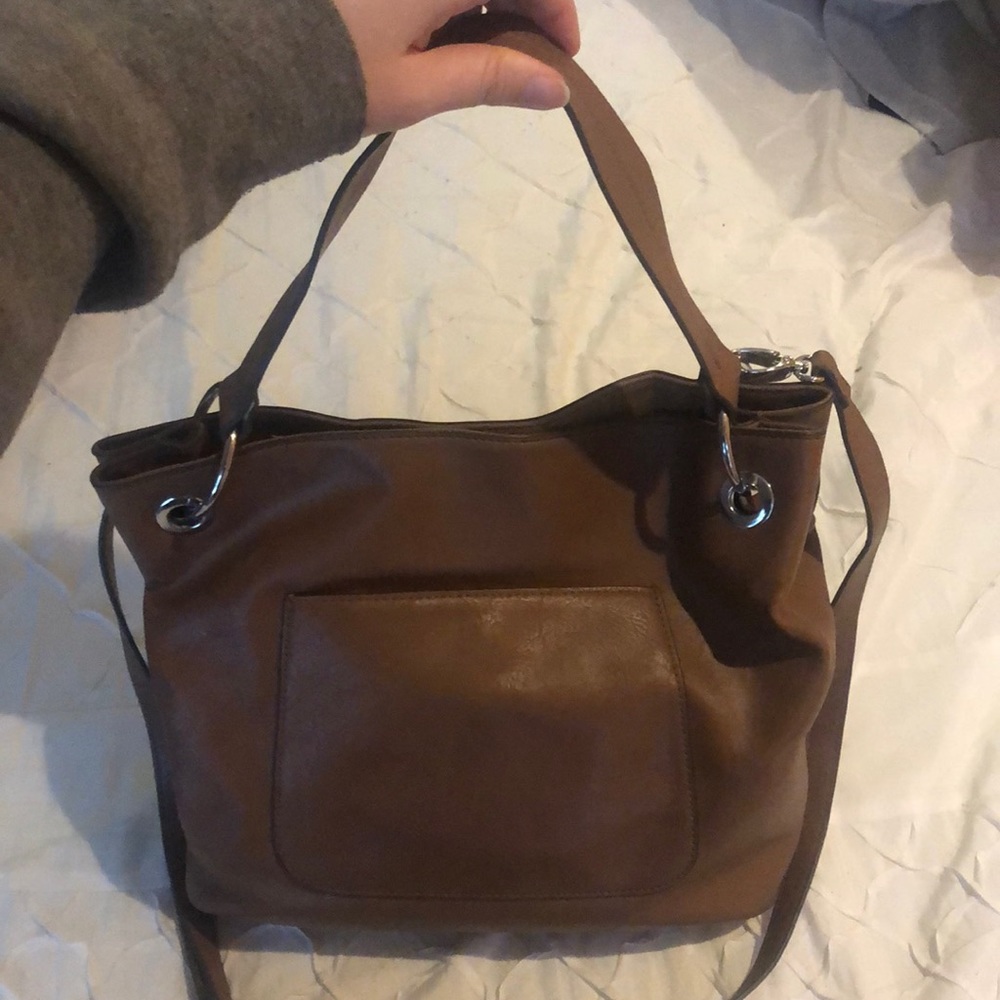 Faux leather brown bag. Nicole Miller. Silver accents